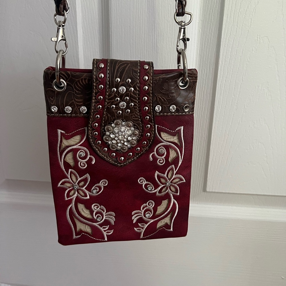 Elegant Red and Brown Rhinestone Embellished Women's Crossbody Bag